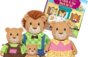 Lil Woodzeez Kingsberry Lion Family Animal Figurines with Storybook Includes 4 poseable lion characters and 1 storybook outfit swapping with Honeysuckle Hollow characters, Playsets 3 Years
