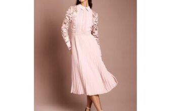 Long Sleeve Lace and Pleated Midi Shirt Dress