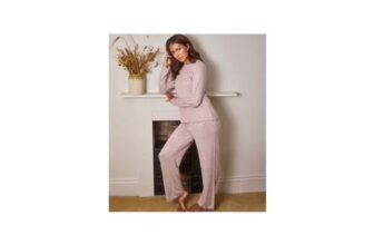 Loungeable Light Brown Rib Super Soft Brushed Marl Lettuce Trim Pyjama Set