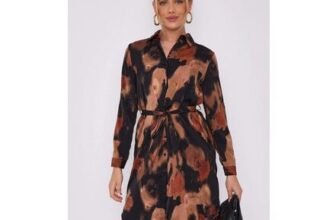 Love Sunshine Brown Abstract Print Black Mini Shirt Dress