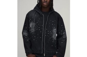 Man Boxy Rhinestone Washed Black Denim Hoodie