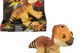 Mattel Jurassic World Rebirth Primal Protector Aquilops Dolores Dino Toy Movie Inspired Interactive Dinosaur Toy with Attack Action & Sounds, Pet-Style Electronic Figure with Food Accessory, JGC01