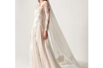 Milena Long Sleeve Floral Embroidered Mesh Wedding Dress Ivory