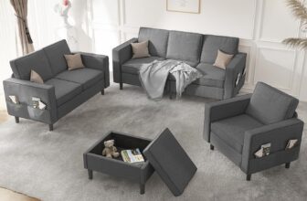 Mjkone 4 Pieces L Shaped Sectional Sofa Couches Set for Living Room Furniture Sets, 3-Seater Sofas Couch and Loveseat Set with Armchair and Storage Ottoman for Home Office Apartment, Dark Grey
