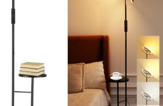 Modern LED Floor Lamp for Living Room, 36W Dimmable Standing Lamp with Side Table, 175cm Tall Black Floor Lamp, Remote & Touch Control, 360 Adjustable Head for Bedroom Sofa Reading Corner AVEN MF19