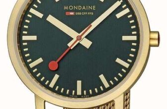 Mondaine Classic 36mm Watch Green Dial IP Gold Mesh Bracelet