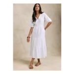 Monique White Embroidered Sequin Linen Blend Midaxi Dress