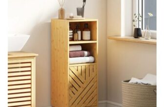Narrow Bathroom Storage Cabinet with Open Compartments, Natural