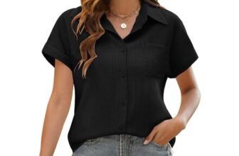 Niwicee Women Short Sleeve Roll-up Cuffed Shirt Black L