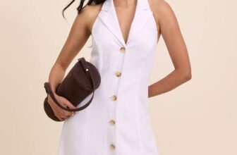 Nobodys Child White Linen-Blend / Brown Halterneck Midi Dress – Size 4-18