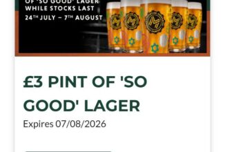 ONeills bars, pint Meantime So Good lager with app/website, newexisting users