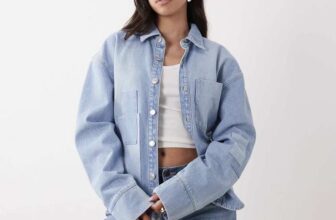 On trend ASOS DESIGN Oversized Patchwork – Denim Shacket (Bleach Wash) – Sizes UK 8-16 (98% cotton)