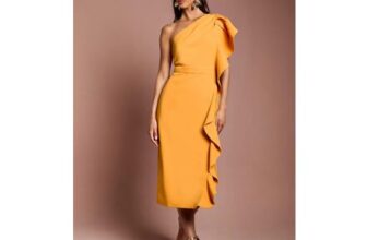 One Shoulder Ruffle Crepe Pencil Midi Dress