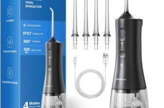 Operan Water Dental Flosser for Teeth Cordless, 300ML Rechargeable Oral Irrigator with 4 Modes, Water Flossers for Adults, IPX7 Waterproof, Use at Home/Travel, Black, 1 Pack 4 Nozzles
