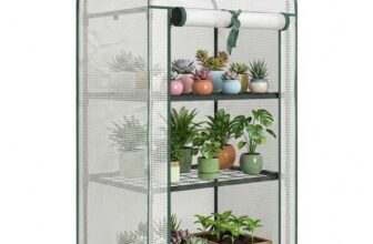 Outsunny 3 Tier Mini Greenhouse with Reinforced PE Cover, with Roll-up Door and Wire Shelves – 127H x 59W x 39D cm