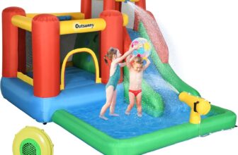 Outsunny Kids Inflatable Bouncy Castle Water Slide 6 in 1 Bounce House Jumping Castle Water Pool Gun Climbing Wall Basketball Hoop with Air Blower for Summer Playland