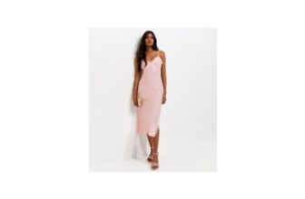 Pale Pink Satin Lace Trim Strappy Midi Dress