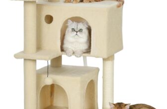 PawHut 140cm Cat Tree for Indoor Cats, Multi-Level Cat Tower with Scratching Posts, Plush Perches & Condos, Large Kitty Activity Centre with Hammock, Ladder & Dangling Balls for Kittens, Beige