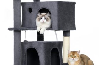 PawHut 140cm Cat Tree for Indoor Cats, Multi-Level Cat Tower with Scratching Posts, Plush Perches & Condos, Large Kitty Activity Centre with Hammock, Ladder & Dangling Balls for Kittens, Dark Grey