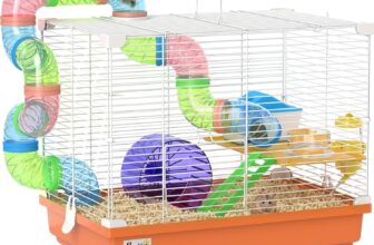 Pawhut 2 Tier Hamster Cage, Gerbil Cage with Handle, Exercise Wheels, Tunnel, Water Bottle, Dishes, Ladder, for Dwarf Hamster, Orange