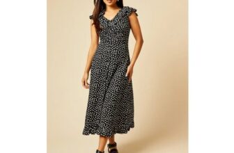 Petite Mono Frill Neck Ruched Front Jersey Midi Dress