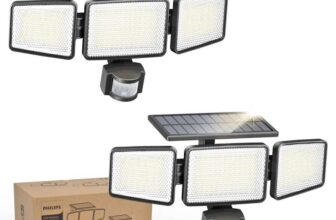 Philips Solar Security Light 302 LEDs 1200lm, Wall-Mounted Flood Light w/PIR Motion Sensor, 3 Heads, IP65 Waterproof, 3 Modes (2-Pack)