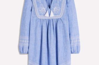 Pia Linen Yoke Tassel Dress Chambray Embroidery