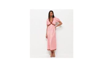 Pink Satin Jacquard Lace Trimmed Midi Dress