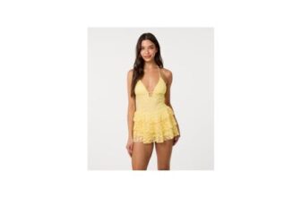 Pink Vanilla Light Yellow Lace Halter Neck Mini Dress