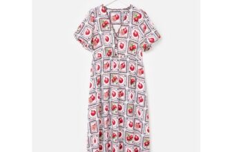 Pomegranate Print V-Neck Puff Sleeve Midi Dress