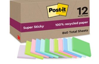 Post-It Super Sticky Notes, 12 Pads, 100% Recycled, Assorted Colors