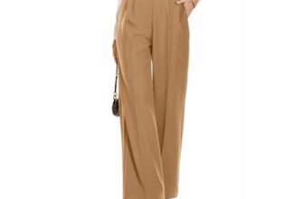 PrinStory Womens Palazzo Trousers Elastic Waist Khaki US12/UK16