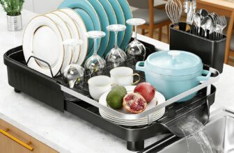 Purkeep Dish Drainer Rack, Expandable Dish Rack, Space Saving Dish Drying Rack for Kitchen Counter, Dish Drainer Rack with Drain Board, Utensil Holder