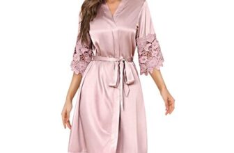 RSLOVE Womens Pink Satin Kimono Robe with Lace Trim