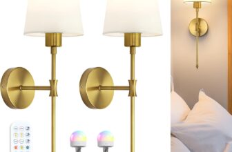 Rechargeable Wall Sconce Lights Set of 2 Wireless or Hardwired Installation, 57cm Tall Vintage Fabric Shade, Magnetic RGB Bulb with Remote, Wall Lights for Bedroom & Living Room, Gold