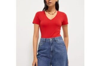 Red Basic v Neck Fitted Top