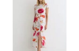 Reiss Ivory/Pink Lyra Floral-Print Belted Midi Dress