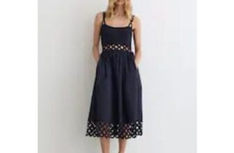 Reiss Navy Rita Rib-Knit Woven Mix Cut-out Midi Dress