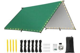 Rhino Valley Waterproof Camping Tarp, 9.8×9.8 Ft, Light Strings, Green