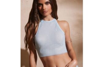 River Add to Wishlist Embellished Racer Neck Open Back Crop Top in Aqua