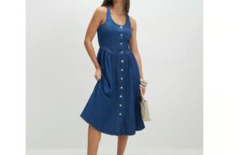 River Island Womens Midi Dress Blue Denim Button Front