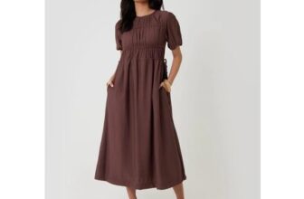 Ruched Drawstring Puff Sleeve Midi Dress in Chocolate Brown