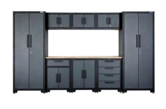 SGS 9pc Garage Storage System, Work Bench 3x Floor Cabinets 3x Upper Cabinets 2x Tall Double Side Cabinets, With code