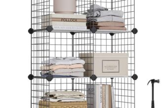 SONGMICS 6-Cube Wire Grid Storage Rack, Interlocking Shelving Unit with Metal Mesh Shelves, Black