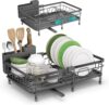 SONGMICS Dish Drainer Rack, Large Extendable Draining Board Rack for Small Spaces, 360 Rotating Extendable Spout, Kitchen Sink Drainer, Steel, 46.5 x 29.6 x 14 cm, Anthracite Grey KCS556GT01