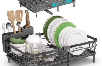 SONGMICS Dish Drainer Rack, Large Extendable Draining Board Rack for Small Spaces, 360 Rotating Extendable Spout, Kitchen Sink Drainer, Steel, 46.5 x 29.6 x 14 cm, Anthracite Grey KCS556GT01