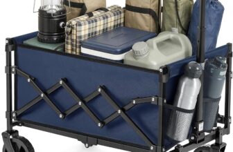 SONGMICS Festival Trolley on Wheels, Foldable Camping Cart, Pull Garden Wagon, Adjustable Handle, 4 Reinforced Wheels, Outdoor, Yard, Loads Up to 180 kg, 90 L, Midnight Blue GFW909QE01