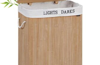 SONGMICS Laundry Basket, 100L, Laundry Hamper with Lid, Bamboo, Foldable, Laundry Bin with 2 Compartments for Light and Dark