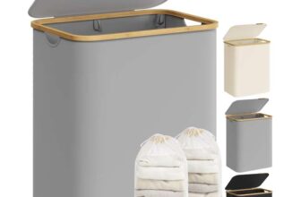 SONGMICS Laundry Basket with Lid, 2-Section, 130L, Removable Mesh Liner, Oxford Fabric, Bamboo Handles