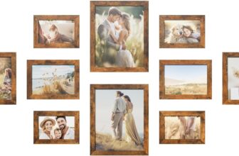 SONGMICS Set of 10 Picture Frames, Two 20 x 25 cm (8 x 10 Inches), Four 13 x 18 cm (5 x 7 Inches), Four 10 x 15 cm (4 x 6 Inches), Plastic Front, MDF, Rustic Brown RPF310X01